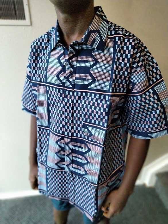 Blue and pink geometric print button-up shirt