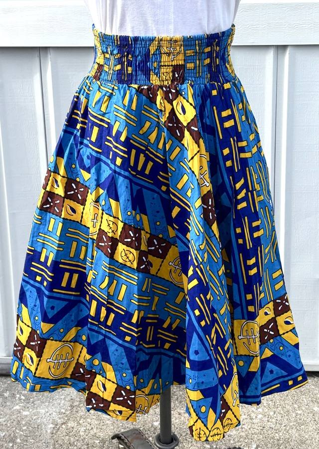 Blue, yellow, and brown mudcloth-inspired smocked-waist maxi skirt