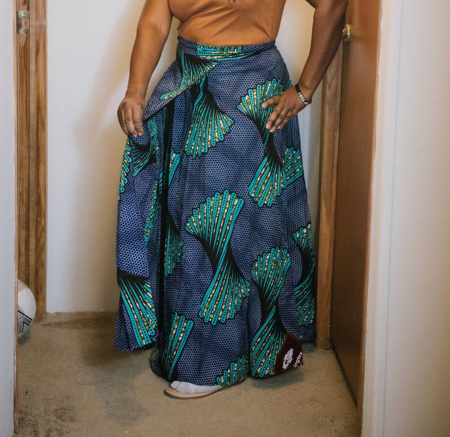 Indigo and teal Ankara wrap maxi skirt with a fan-shell print