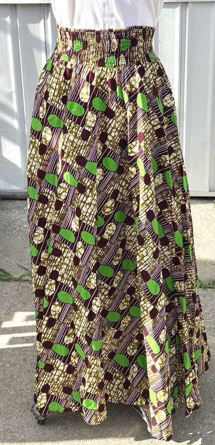 Brown, olive, and green batik smocked-waist maxi skirt