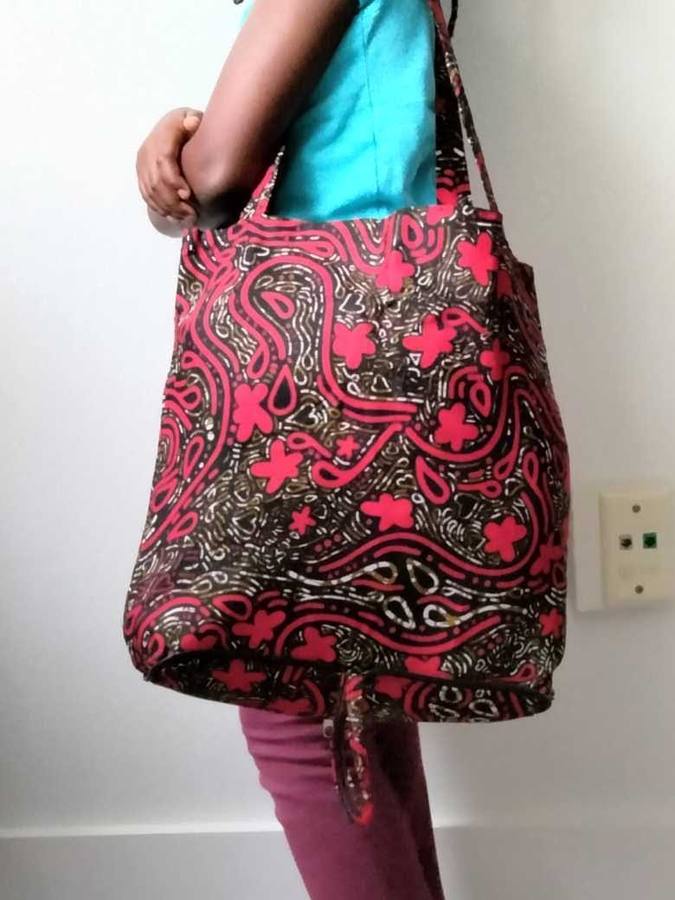 Oversized crimson and cream patterned wax-print market tote bag